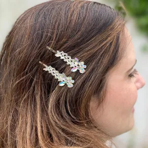 Diamante Hair Slides Silver Hair Clips Sparkly Hair Slides Floral Set of 2